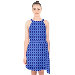 Basket Weave Basket Pattern Blue Halter Collar Waist Tie Chiffon Dress