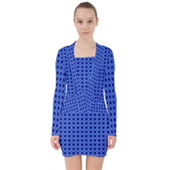 Basket Weave Basket Pattern Blue V-neck Bodycon Long Sleeve Dress by Dutashop