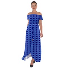 Basket Weave Basket Pattern Blue Off Shoulder Open Front Chiffon Dress by Dutashop