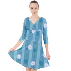 Gardenia Flowers White Blue Quarter Sleeve Front Wrap Dress