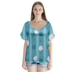 Gardenia Flowers White Blue V-neck Flutter Sleeve Top by Dutashop