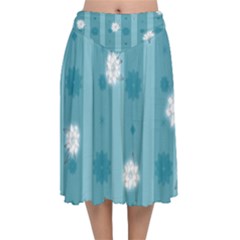 Gardenia Flowers White Blue Velvet Flared Midi Skirt by Dutashop