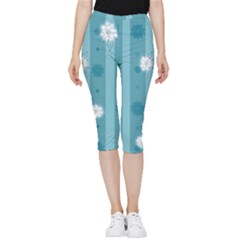 Gardenia Flowers White Blue Inside Out Lightweight Velour Capri Leggings  by Dutashop