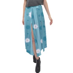 Gardenia Flowers White Blue Velour Split Maxi Skirt