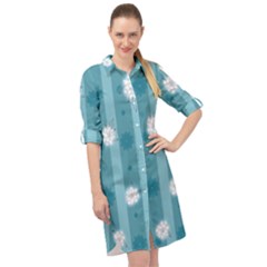 Gardenia Flowers White Blue Long Sleeve Mini Shirt Dress