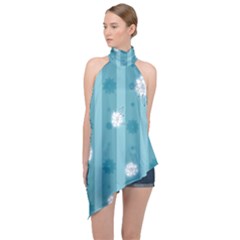 Gardenia Flowers White Blue Halter Asymmetric Satin Top