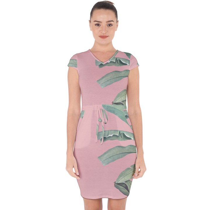 Banana leaf on pink Capsleeve Drawstring Dress 