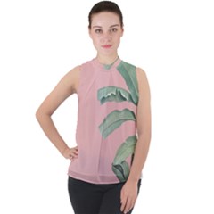 Banana Leaf On Pink Mock Neck Chiffon Sleeveless Top by goljakoff