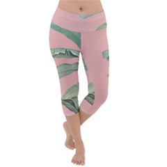 Banana Leaf On Pink Lightweight Velour Capri Yoga Leggings by goljakoff