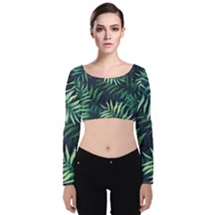 Green Leaves Velvet Long Sleeve Crop Top by goljakoff