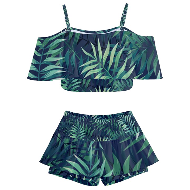 Green leaves Kids  Off Shoulder Skirt Bikini