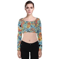 Flowers And Butterfly Velvet Long Sleeve Crop Top by goljakoff