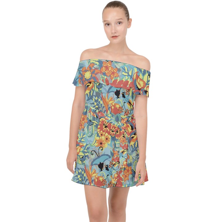 Flowers and butterfly Off Shoulder Chiffon Dress