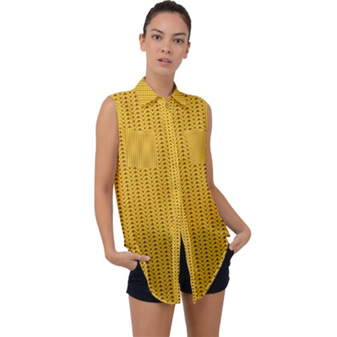 Yellow Knitted Pattern Sleeveless Chiffon Button Shirt by goljakoff