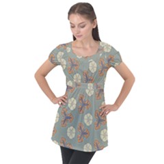 Flowers Leaves  Floristic Pattern Puff Sleeve Tunic Top by SychEva