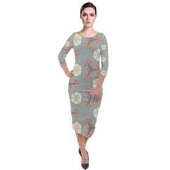 Flowers Leaves  Floristic Pattern Quarter Sleeve Midi Velour Bodycon Dress by SychEva