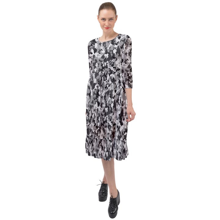 Camouflage BW Ruffle End Midi Chiffon Dress