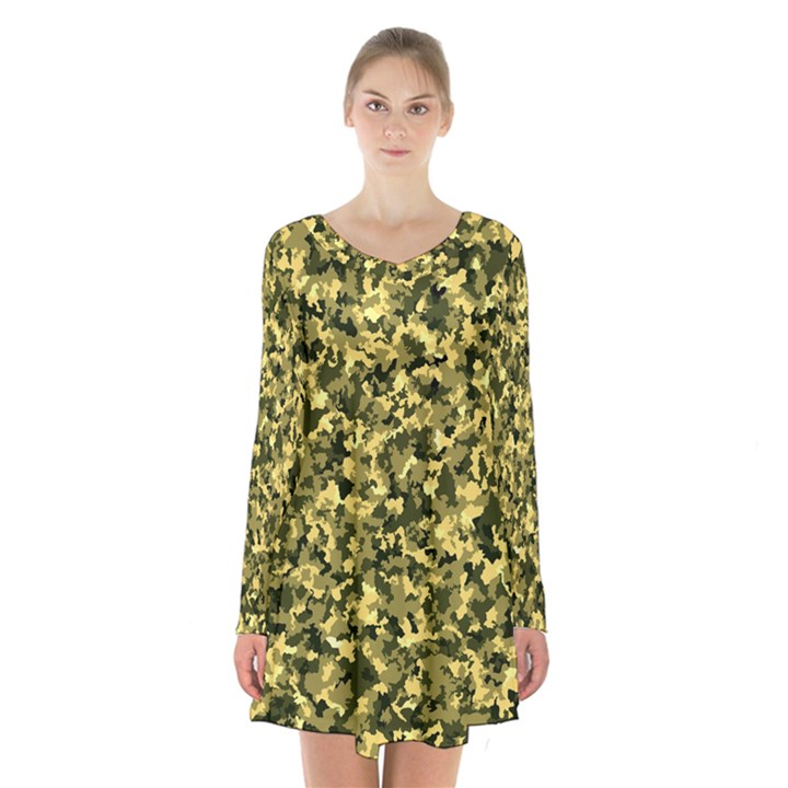 Camouflage Sand  Long Sleeve Velvet V-neck Dress