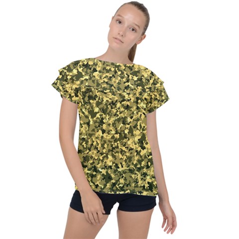 Camouflage Sand  Ruffle Collar Chiffon Blouse by JustToWear