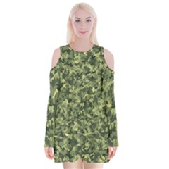 Camouflage Green Velvet Long Sleeve Shoulder Cutout Dress