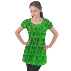 Green Triangles Puff Sleeve Tunic Top by JustToWear