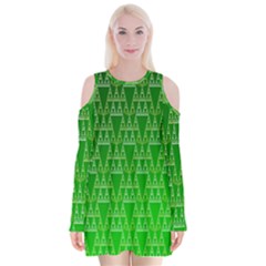 Green Triangles Velvet Long Sleeve Shoulder Cutout Dress by JustToWear