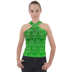 Green Triangles Cross Neck Velour Top by JustToWear