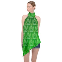 Green Triangles Halter Asymmetric Satin Top by JustToWear