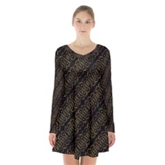 Interlace Stripes Golden Pattern Long Sleeve Velvet V-neck Dress by dflcprintsclothing