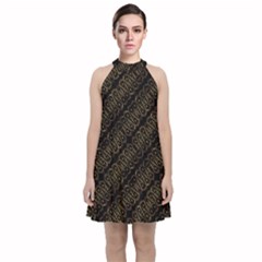 Interlace Stripes Golden Pattern Velvet Halter Neckline Dress  by dflcprintsclothing