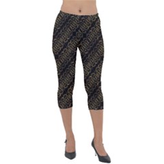 Interlace Stripes Golden Pattern Lightweight Velour Capri Leggings  by dflcprintsclothing