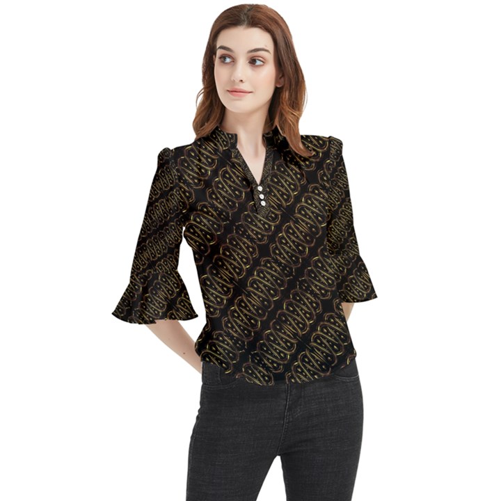 Interlace Stripes Golden Pattern Loose Horn Sleeve Chiffon Blouse