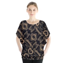 Modern Intricate Print Pattern Batwing Chiffon Blouse