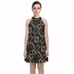 Modern Intricate Print Pattern Velvet Halter Neckline Dress  by dflcprintsclothing