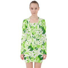 Green Leaves V-neck Bodycon Long Sleeve Dress by Eskimos