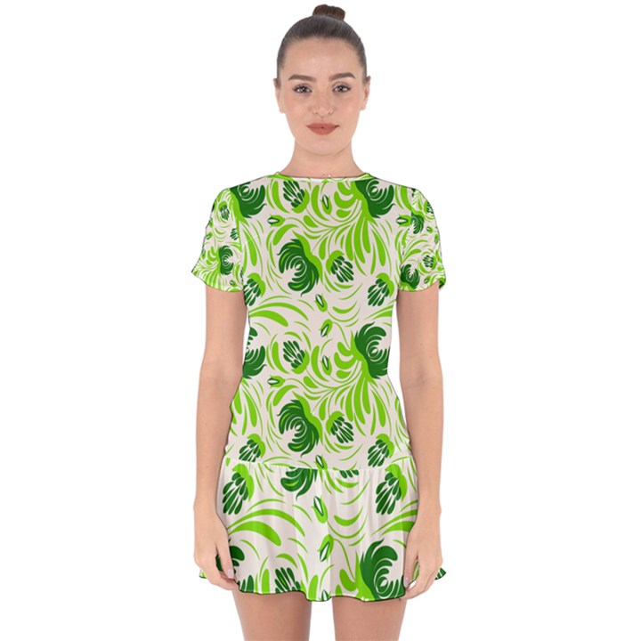 Green leaves Drop Hem Mini Chiffon Dress