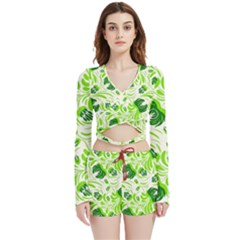 Green Leaves Velvet Wrap Crop Top And Shorts Set by Eskimos