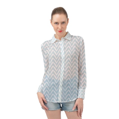 Chevrons Bleu Clair/blanc Long Sleeve Chiffon Shirt by kcreatif