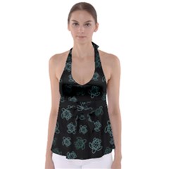 Blue Turtles On Black Babydoll Tankini Top