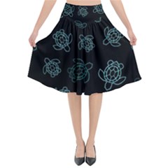 Blue Turtles On Black Flared Midi Skirt