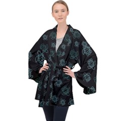 Blue Turtles On Black Long Sleeve Velvet Kimono 