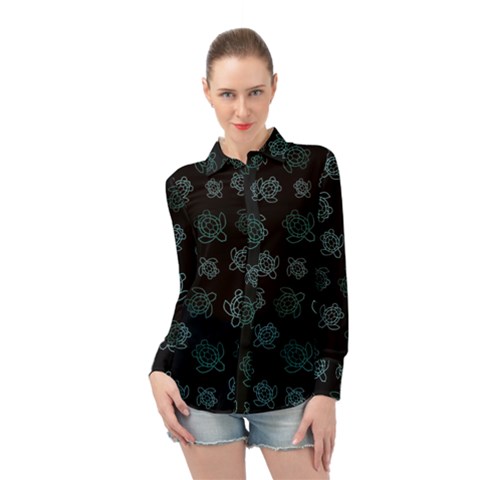 Blue Turtles On Black Long Sleeve Chiffon Shirt by contemporary