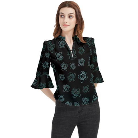 Blue Turtles On Black Loose Horn Sleeve Chiffon Blouse by contemporary