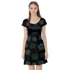 Blue Turtles On Black Short Sleeve Skater Dress