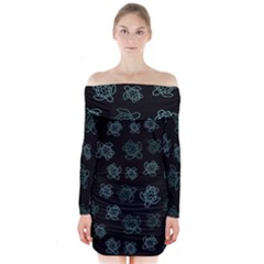 Blue Turtles On Black Long Sleeve Off Shoulder Dress