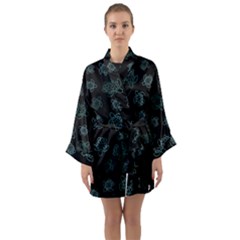 Blue Turtles On Black Long Sleeve Satin Kimono