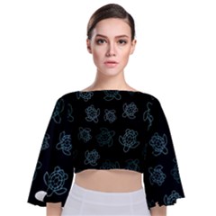 Blue Turtles On Black Tie Back Butterfly Sleeve Chiffon Top