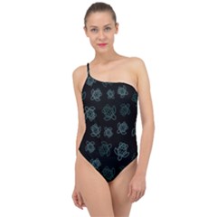 Blue Turtles On Black Classic One Shoulder Swimsuit