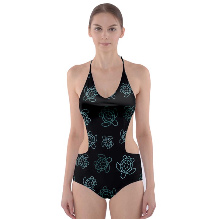 Blue Turtles On Black Cut-Out One Piece Swimsuit