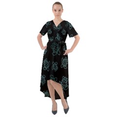 Blue Turtles On Black Front Wrap High Low Dress